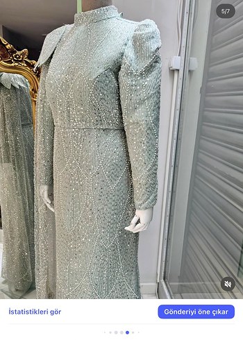 Boncuk İşlemeli Uzun Gri Abiye Elbise - Görsel 2