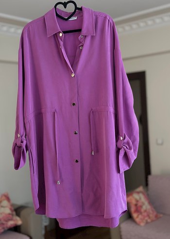 Düğmeli Uzun Kollu Mor Tunik - Görsel 3