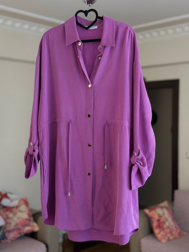 Düğmeli Uzun Kollu Mor Tunik - Görsel 2