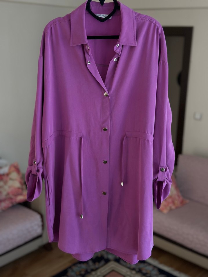 Düğmeli Uzun Kollu Mor Tunik - Görsel 4