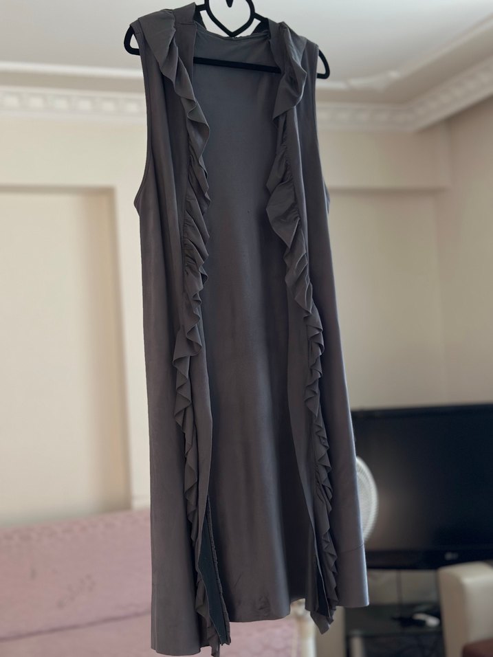 Uzun Gri Kolsuz Yelek - Görsel 2