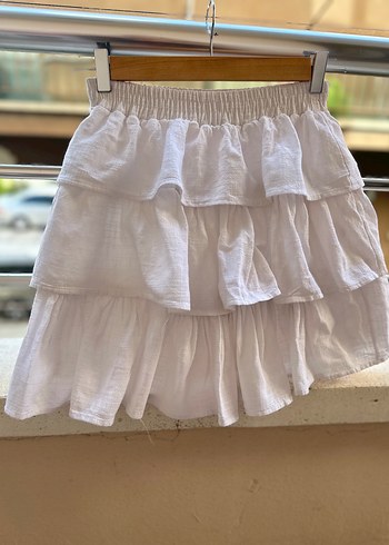 Beyaz Keten Volanlı Mini Etek - Görsel 2