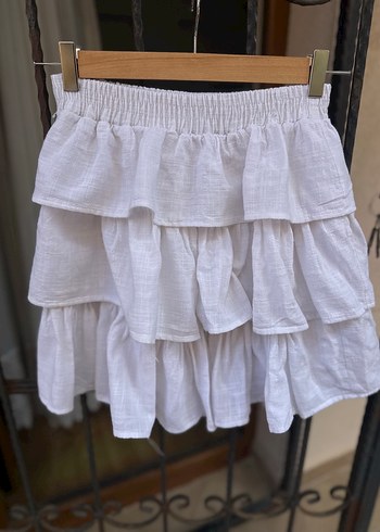 Beyaz Keten Volanlı Mini Etek - Görsel 3