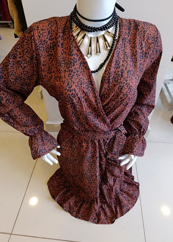 Kahverengi Yılan Desenli Bohem Mini Elbise - Görsel 8