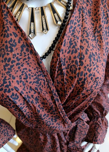 Kahverengi Yılan Desenli Bohem Mini Elbise - Görsel 13