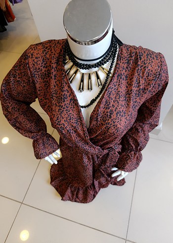 Kahverengi Yılan Desenli Bohem Mini Elbise - Görsel 3