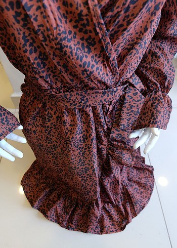 Kahverengi Yılan Desenli Bohem Mini Elbise - Görsel 7