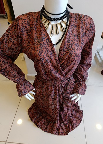 Kahverengi Yılan Desenli Bohem Mini Elbise - Görsel 9