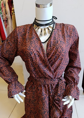 Kahverengi Yılan Desenli Bohem Mini Elbise - Görsel 2