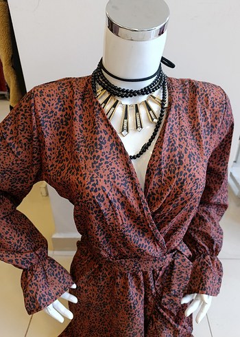 Kahverengi Yılan Desenli Bohem Mini Elbise - Görsel 5