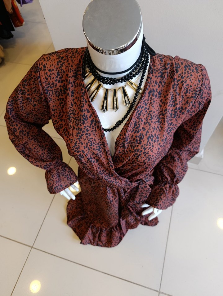 Kahverengi Yılan Desenli Bohem Mini Elbise - Görsel 3