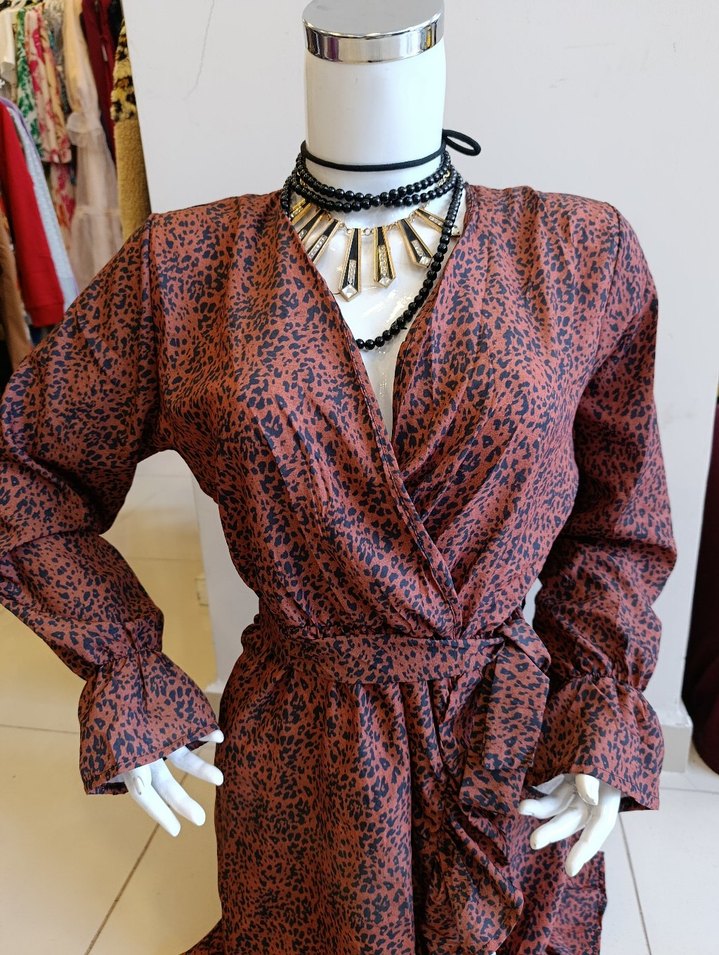 Kahverengi Yılan Desenli Bohem Mini Elbise - Görsel 2