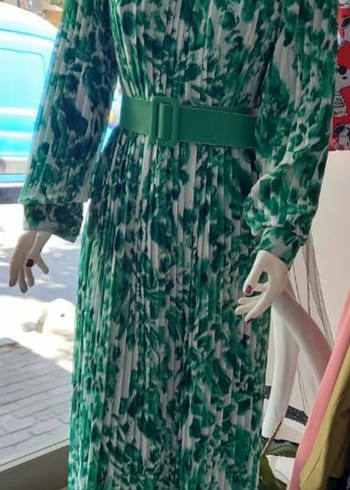 Yeşil Bohem Uzun Kollu Pilili Uzun Elbise - Görsel 4