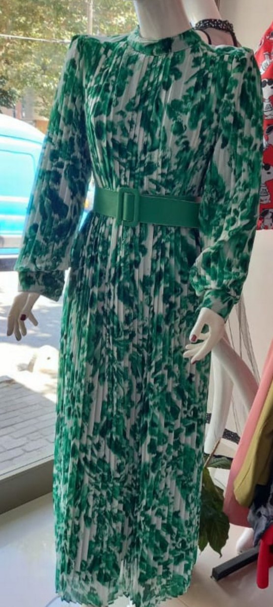 Yeşil Bohem Uzun Kollu Pilili Uzun Elbise - Görsel 4