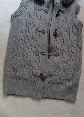 Gri Örgü Kadın Kapüşonlu Yelek - Görsel 2