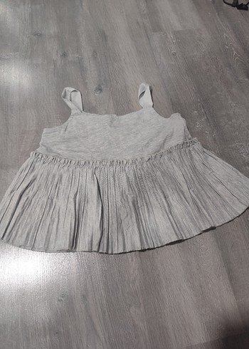 Kız Çocuk Gri Keten Askılı Pilili Elbise