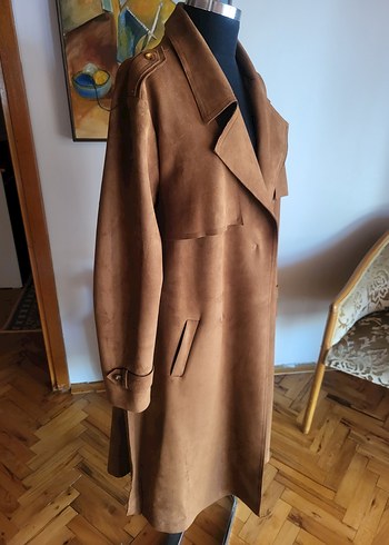 44 Beden camel Renk ARMİNA Taba Süet Kadın Uzun Trençkot