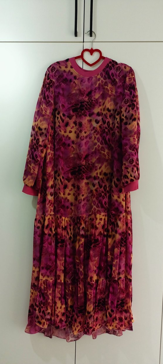 Pembe Bohem Uzun Kollu Şifon Desenli Elbise - Görsel 2