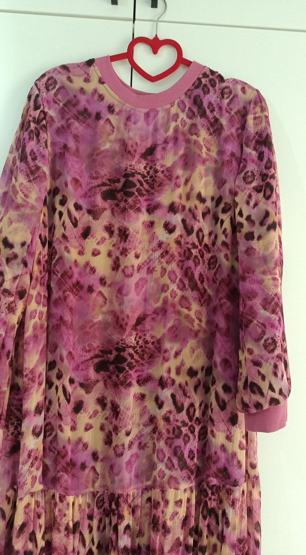 Pembe Bohem Uzun Kollu Şifon Desenli Elbise - Görsel 3