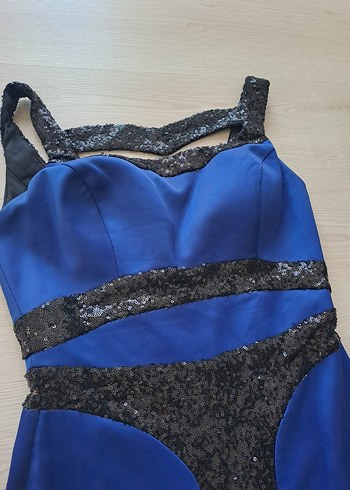 Mavi Drapeli Uzun Straplez Abiye Elbise - Görsel 3