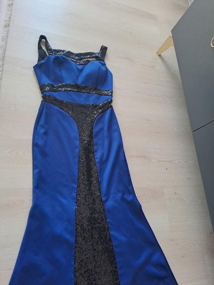 Mavi Drapeli Uzun Straplez Abiye Elbise - Görsel 2