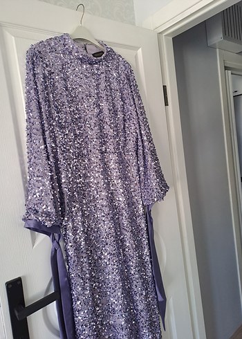 Uzun Kollu Mor Drapeli Abiye Elbise - Görsel 7