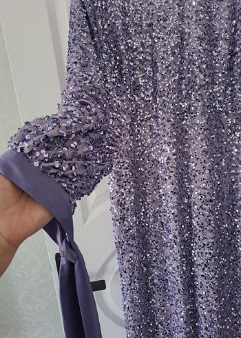 Uzun Kollu Mor Drapeli Abiye Elbise - Görsel 8