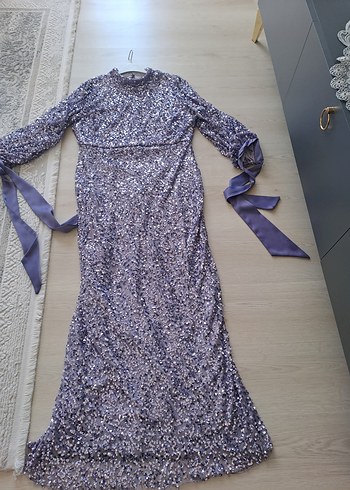 Uzun Kollu Mor Drapeli Abiye Elbise - Görsel 2