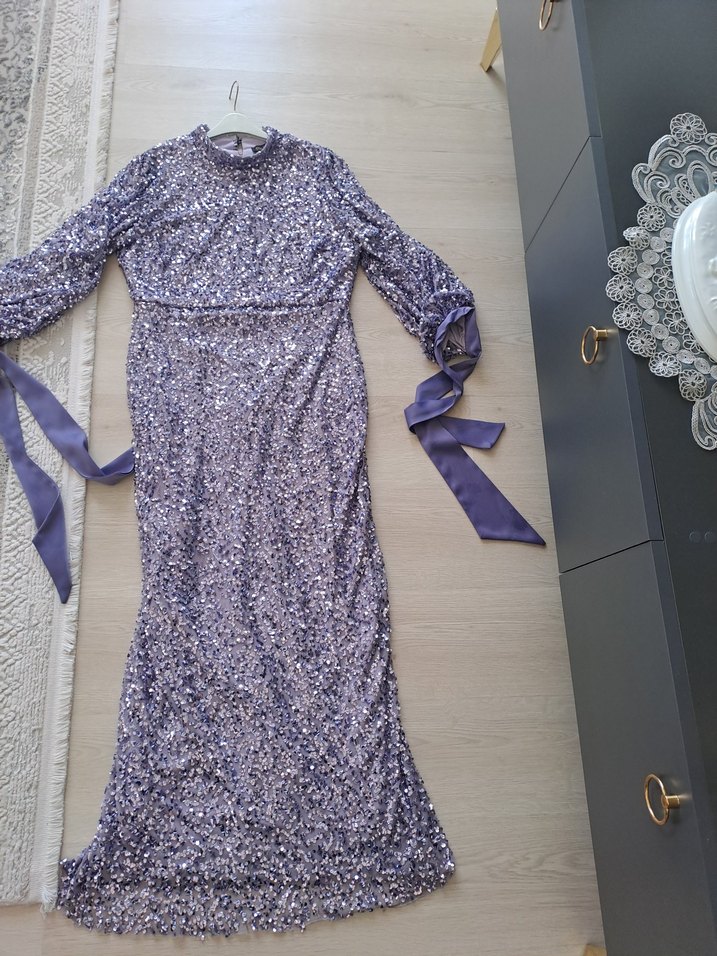 Uzun Kollu Mor Drapeli Abiye Elbise - Görsel 3