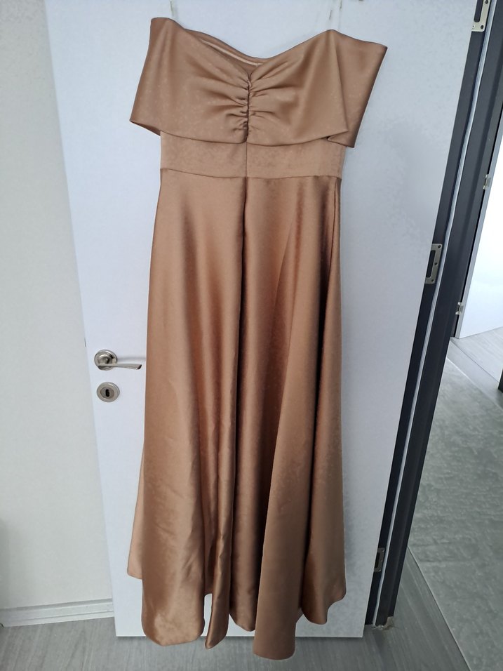 bal köpüğü Drapeli Uzun Straplez Abiye Elbise - Görsel 3