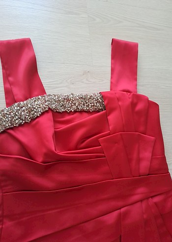 Kırmızı Drapeli Modern Klasik Kadın Abiye Elbise - Görsel 6