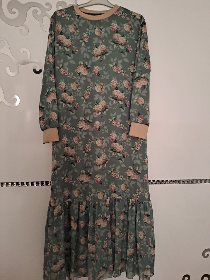 Uzun Kollu Yeşil Çiçekli Bohem Elbise - Görsel 2