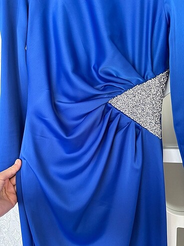 Abiye Saten saks mavisi taşlı kalem tesettür abiye elbise