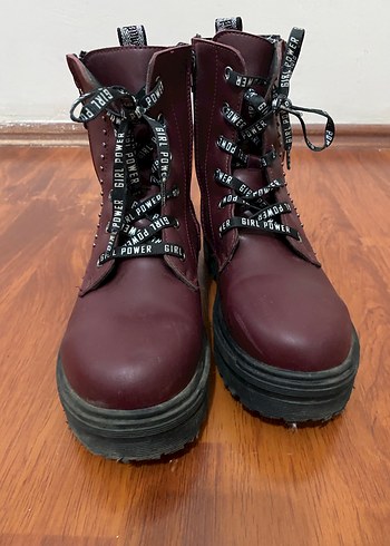 Bordo Deri Platform Topuklu Punk Bot