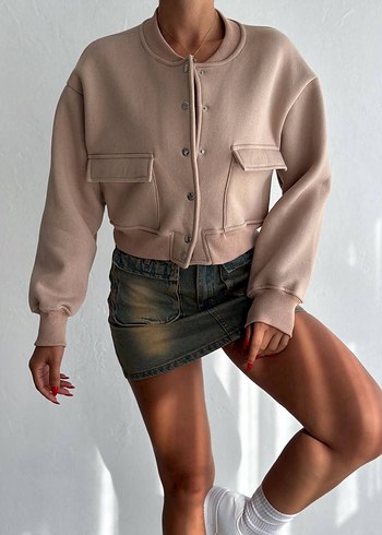 m Beden Bej Çıtçıtlı Kısa Bomber Ceket