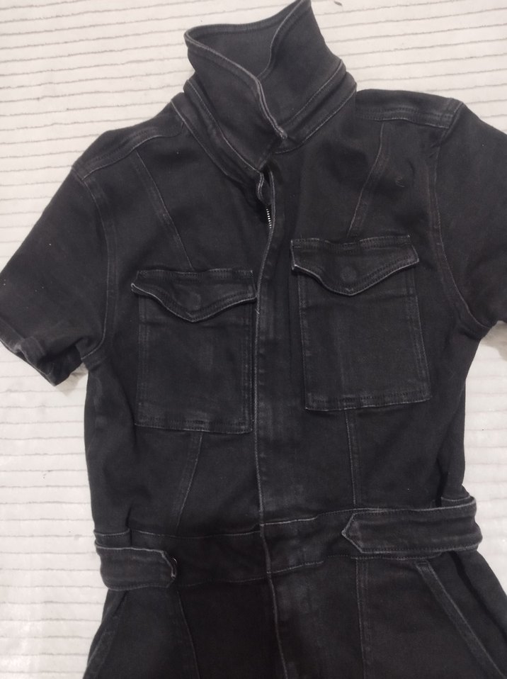 Kemerli Siyah Kadın Denim Tulum - Görsel 3