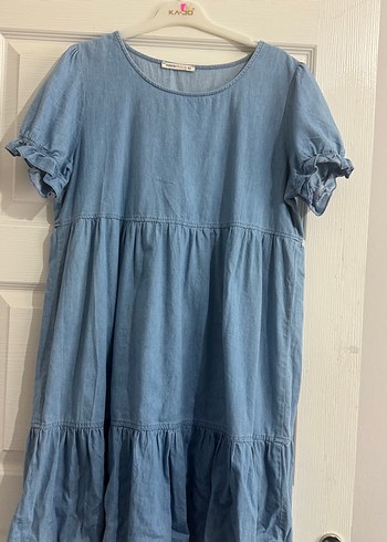 Kadın Mavi Denim Fırfırlı Midi Elbise
