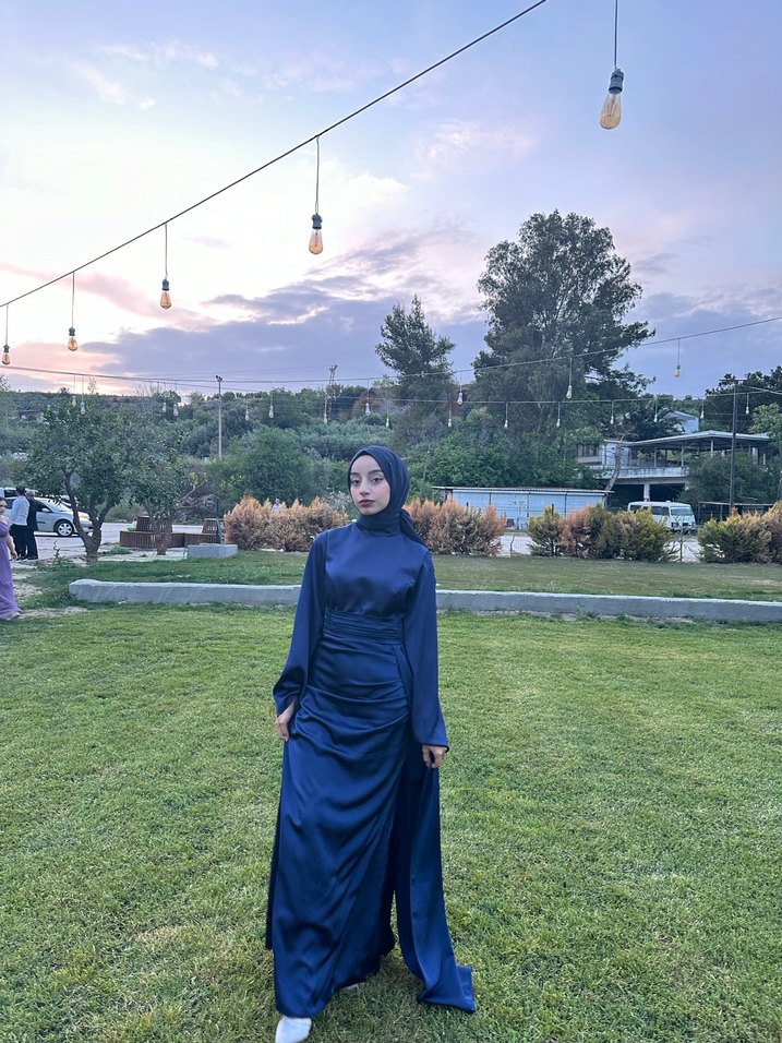 Lacivert Drapeli Uzun Kadın Elbisesi - Görsel 2