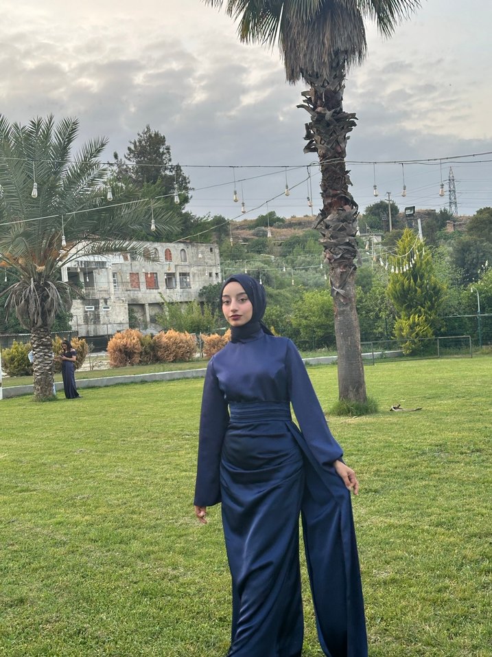 Lacivert Drapeli Uzun Kadın Elbisesi - Görsel 3