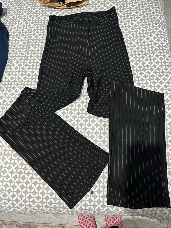Kadın Siyah Çizgili İspanyol tayt Kumaş Pantolon - Görsel 2