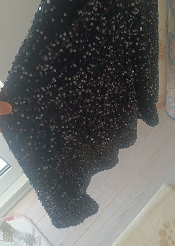 Siyah pullu kadife Uzun Kollu Uzun Abiye Elbise - Görsel 7