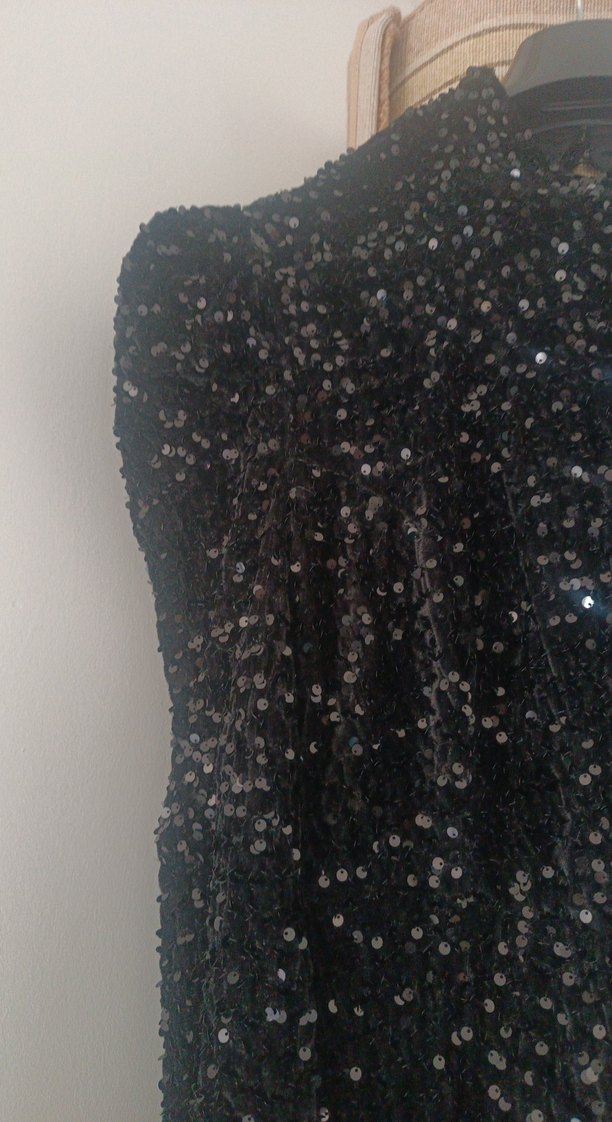 Siyah pullu kadife Uzun Kollu Uzun Abiye Elbise - Görsel 3