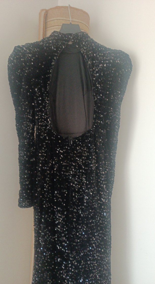 Siyah pullu kadife Uzun Kollu Uzun Abiye Elbise - Görsel 4