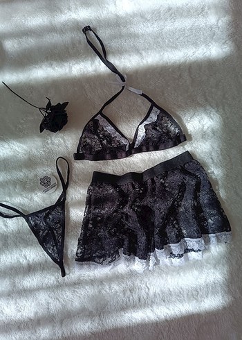 Siyah Dantel Mini Goth Kadın İç Giyim Takımı