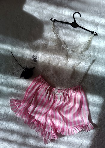 Diğer Pembe Mini İp Askılı Bağlama Desenli Kadın Pijama