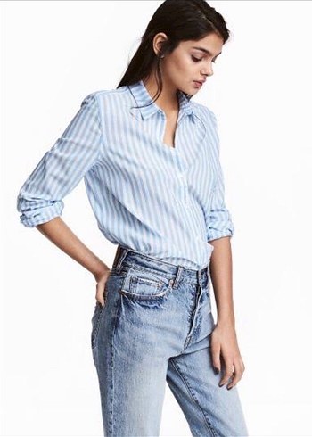 Mavi Çizgili V Yaka Denim Gömlek