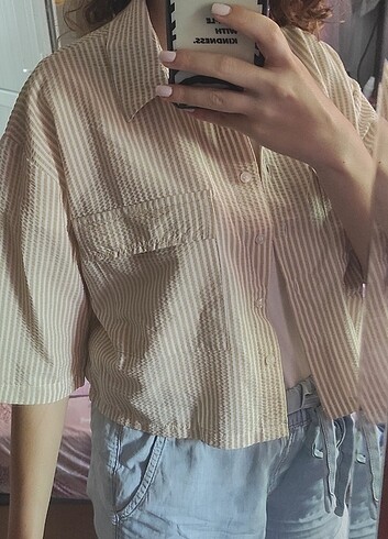 Trendyolmilla bej dokuma oversize gomlek
