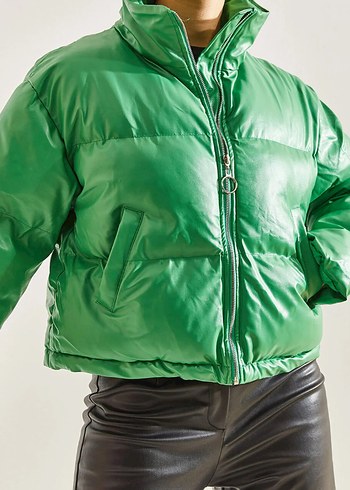 Kadın Parlak Yeşil Deri Mont - Görsel 2