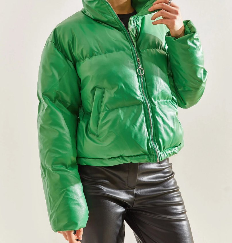 Kadın Parlak Yeşil Deri Mont - Görsel 4