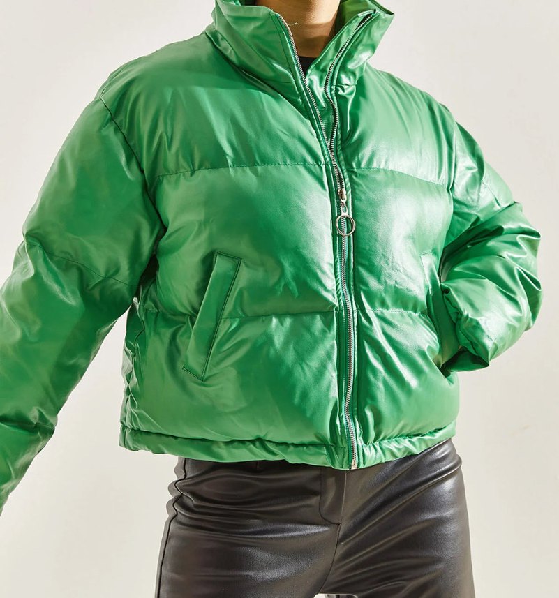 Kadın Parlak Yeşil Deri Mont - Görsel 2